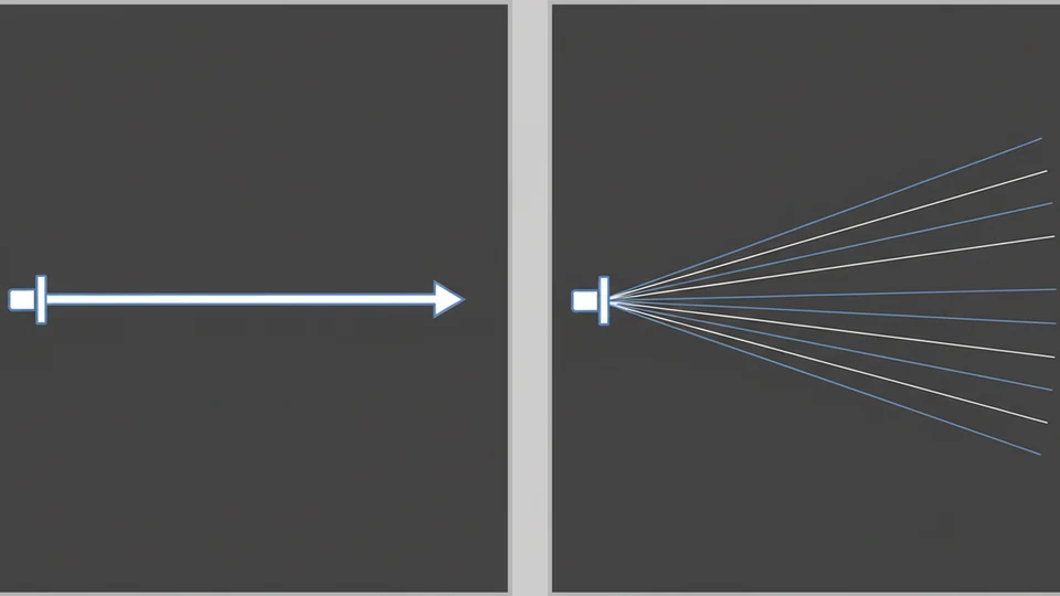 Diagrama esquemático: haz láser enfocado frente a luz pulsada más dispersa, sin marcas comerciales.
