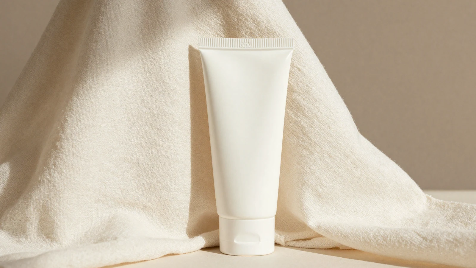 Fotoprotección sin etiqueta, muselina y luz suave, ambiente de cuidado posterior.