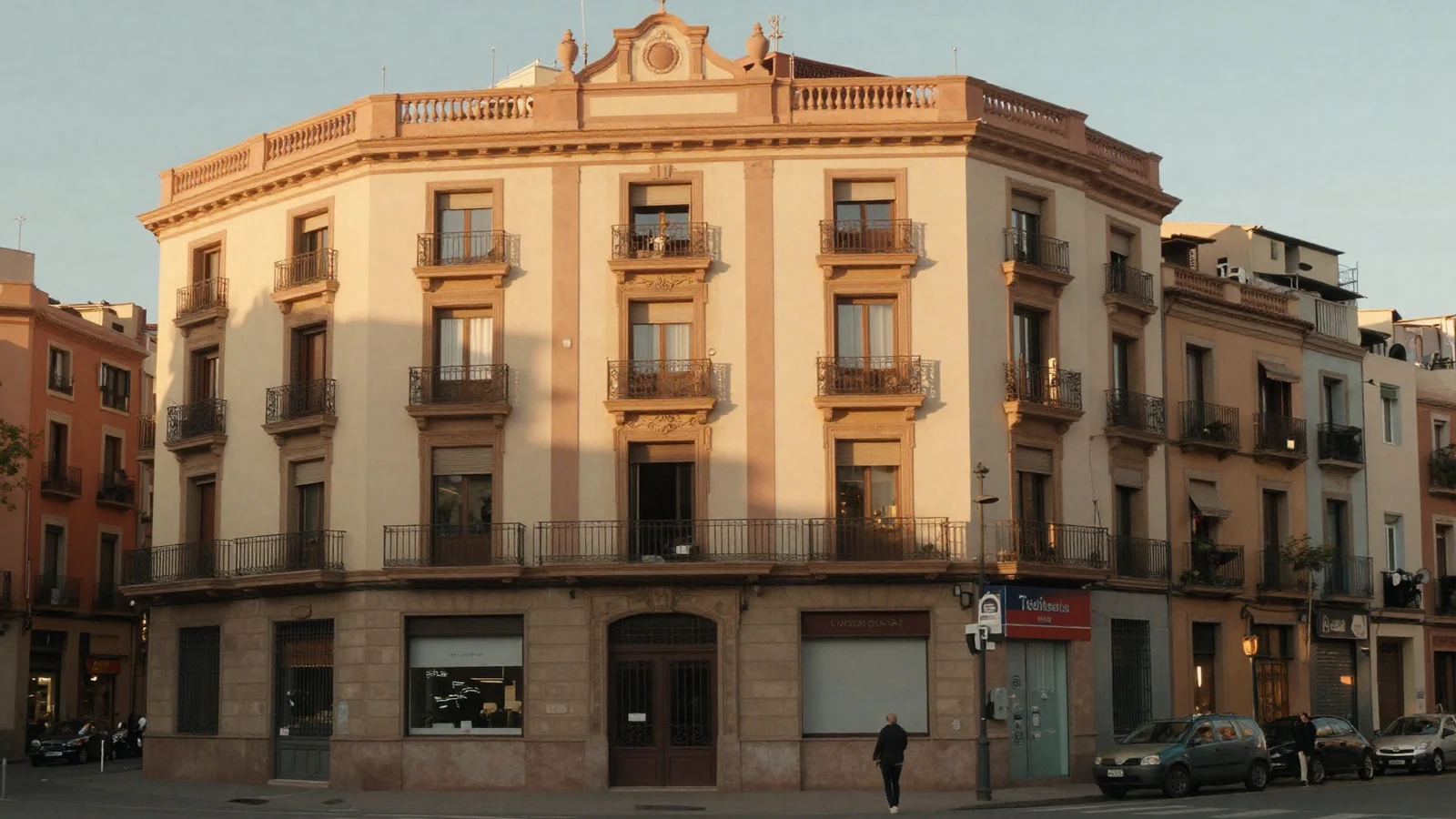 Arquitectura mediterránea suave y luz dorada sin carteles legibles, contexto Barcelona.