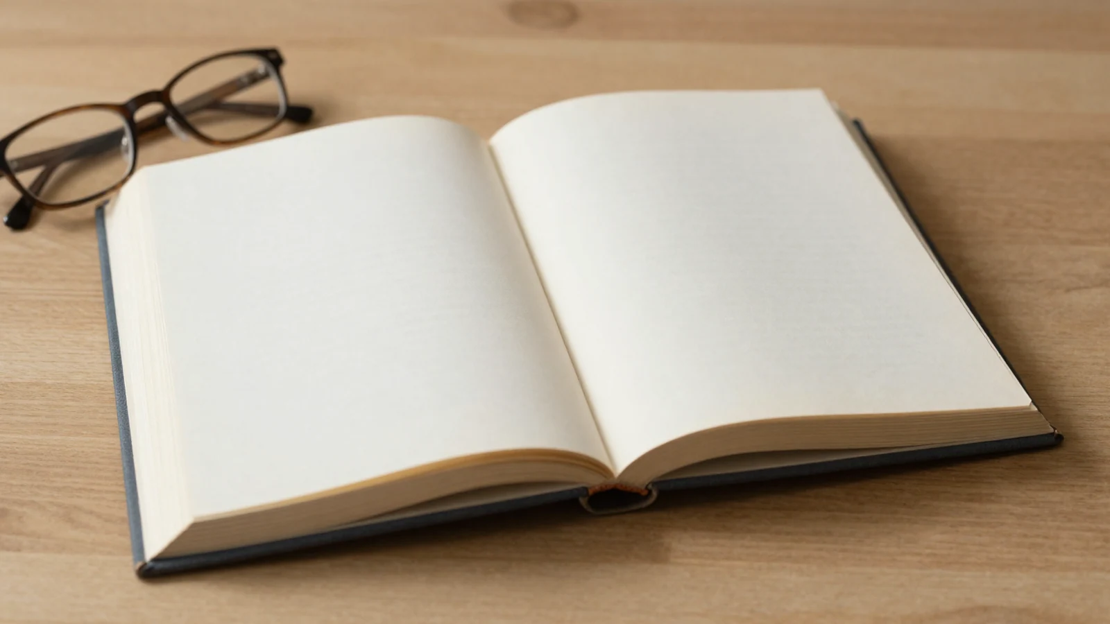 Libro abierto con páginas en blanco y gafas sobre mesa de madera clara.