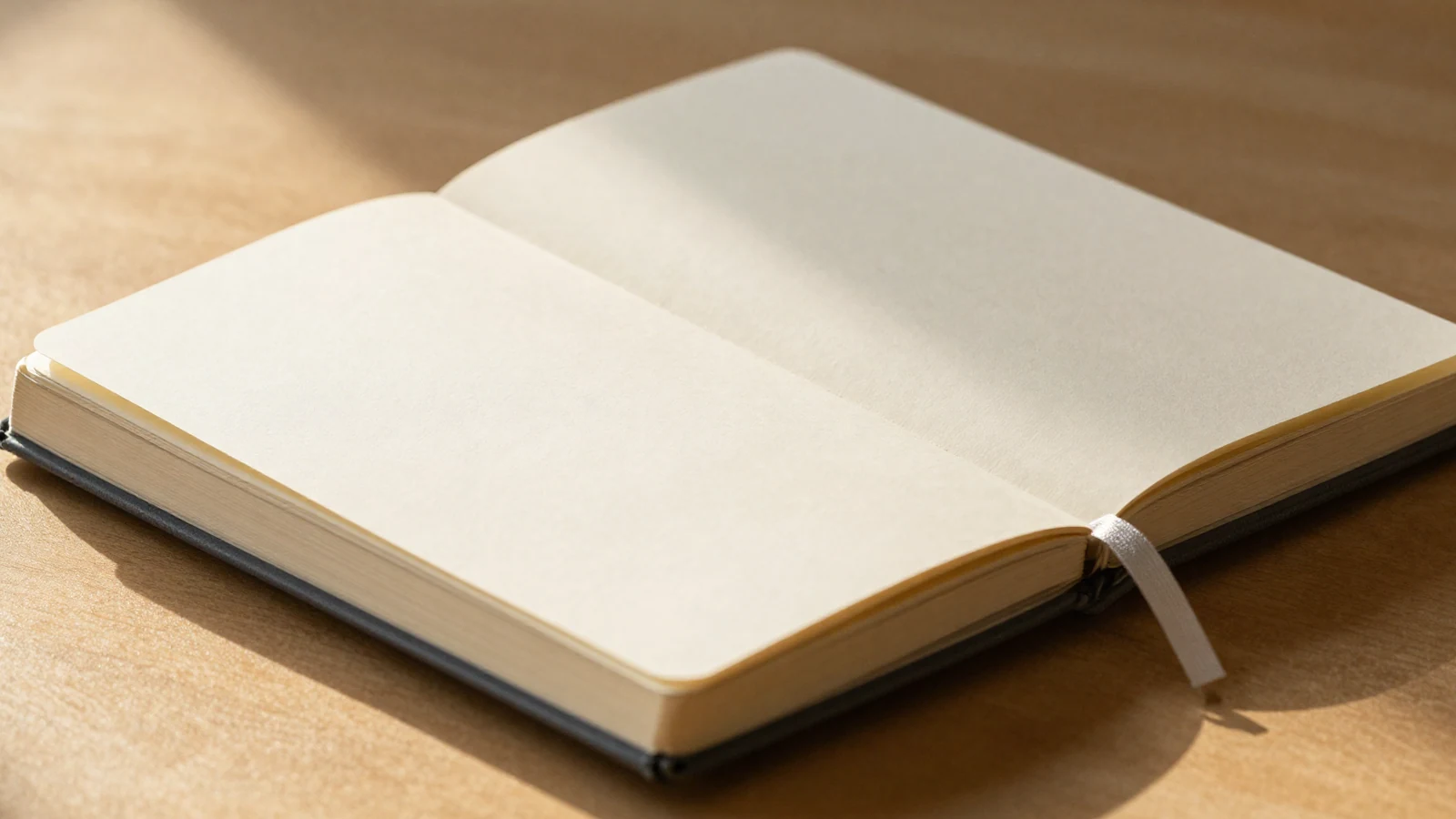 Cuadernos editoriales y marcapáginas sobre mesa con luz dorada lateral.