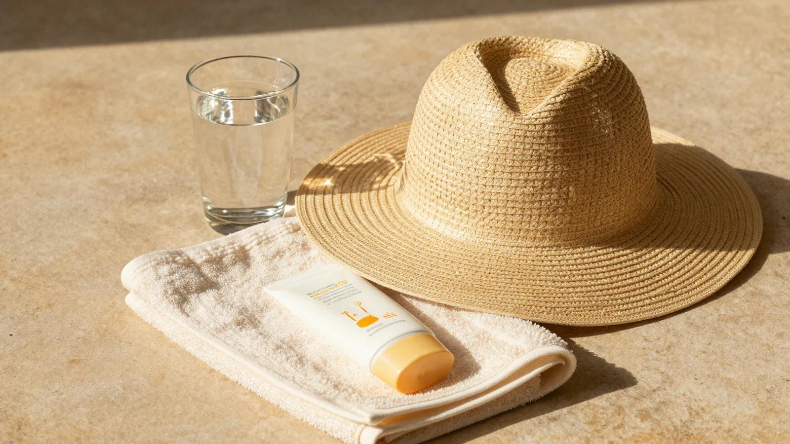 Gorra, agua y toalla en ambiente de preparación solar previa a IPL facial.
