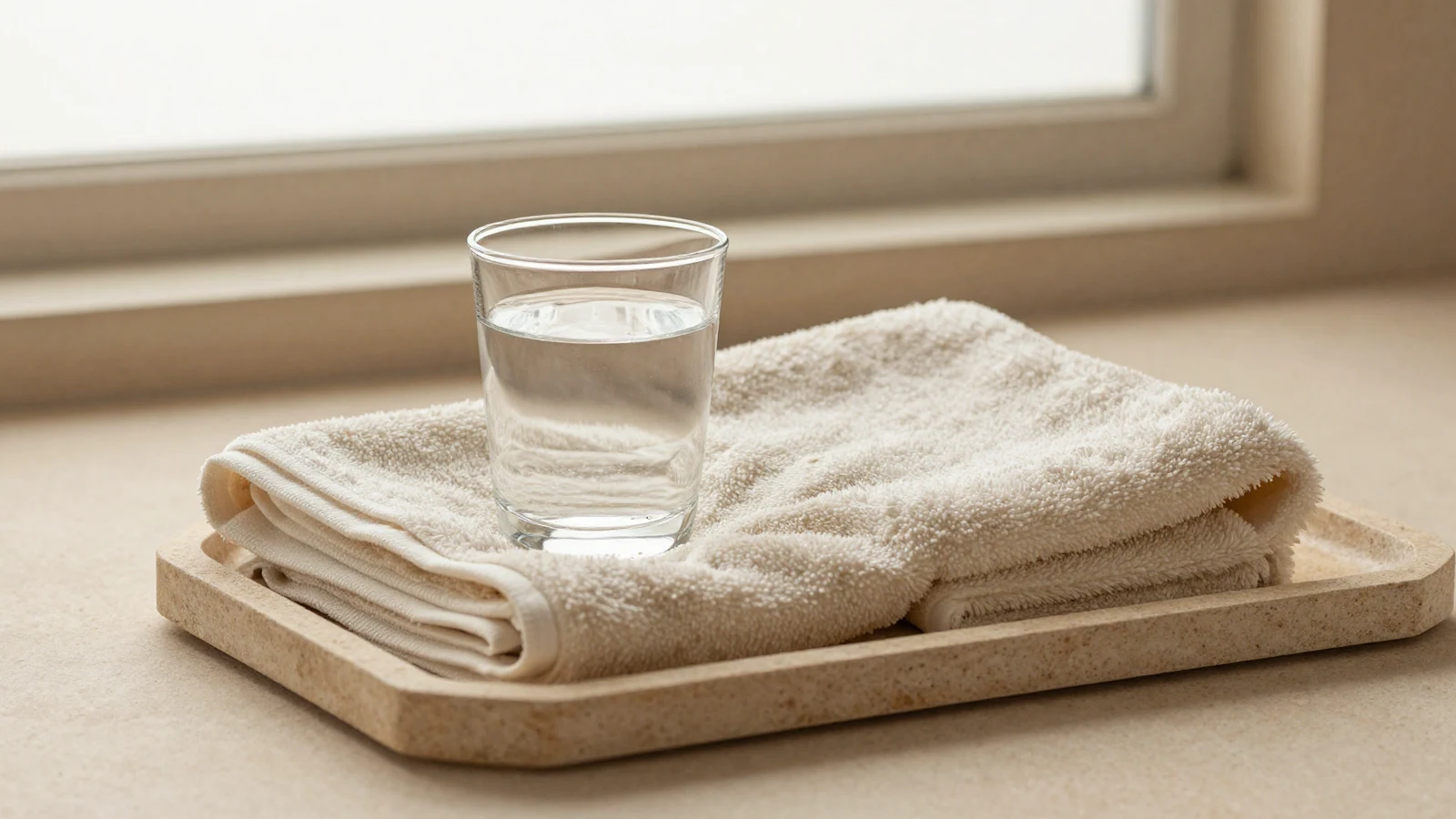 Bodegón editorial con toalla, agua y texturas cálidas para planificación de tratamiento facial con luz.